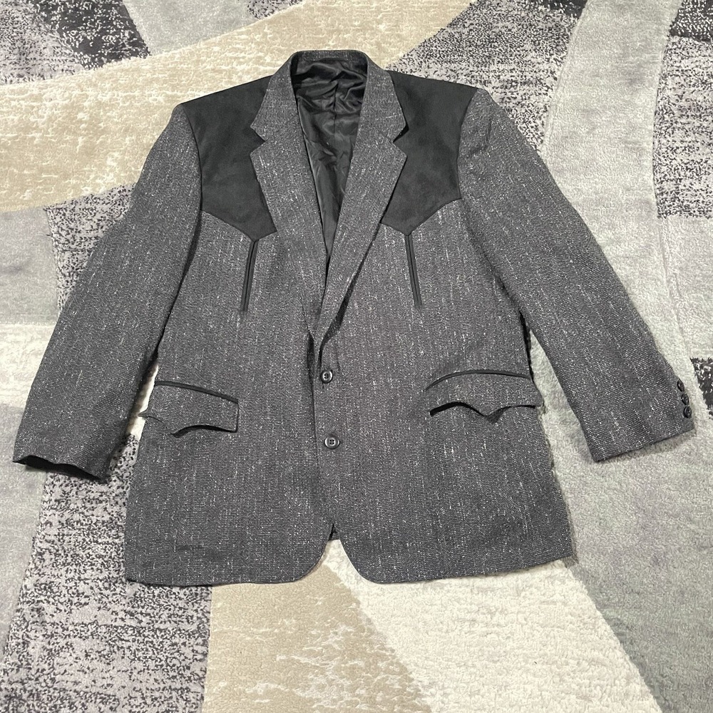 VTG Circle S Blazer Men 48R Regular Western Gray‎ Black Cowboy Jacket Yoke USA